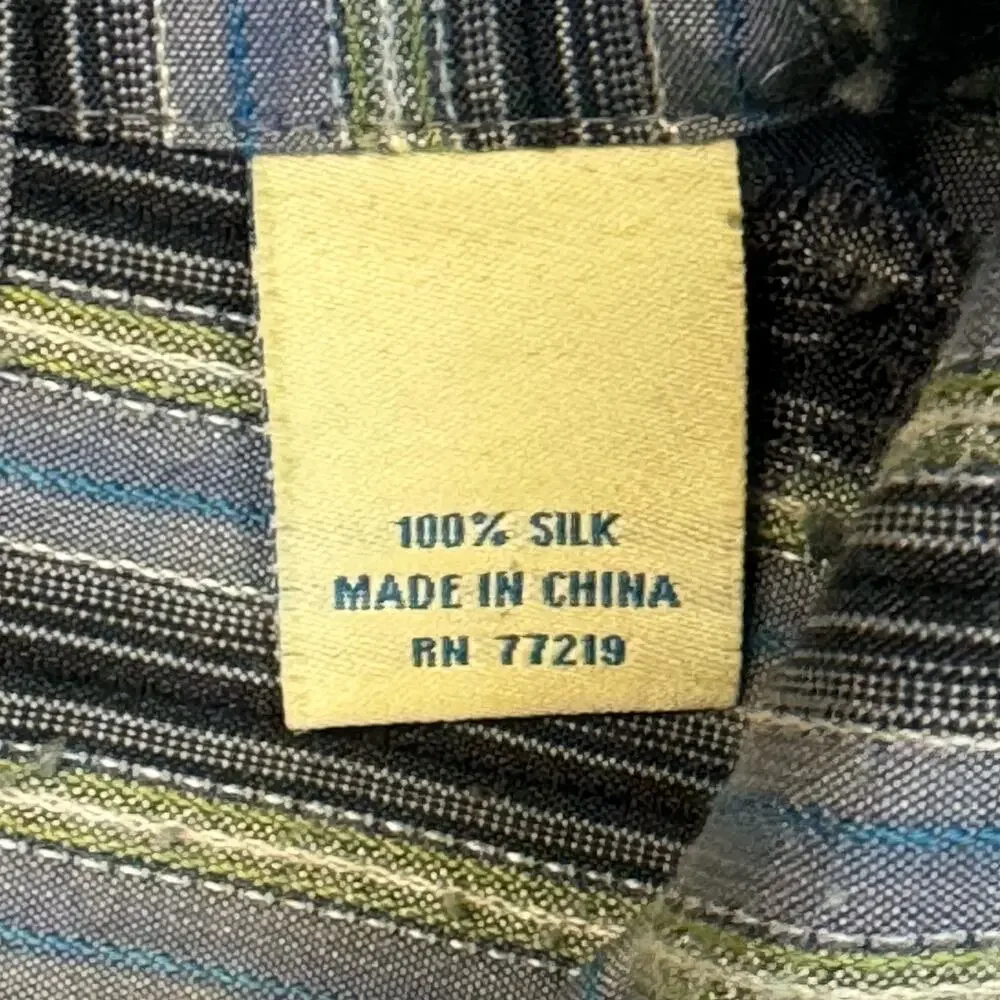 Joseph & Feiss Palm Tree Silk Button-Up Short Sleeve Men L Blue Black Striped